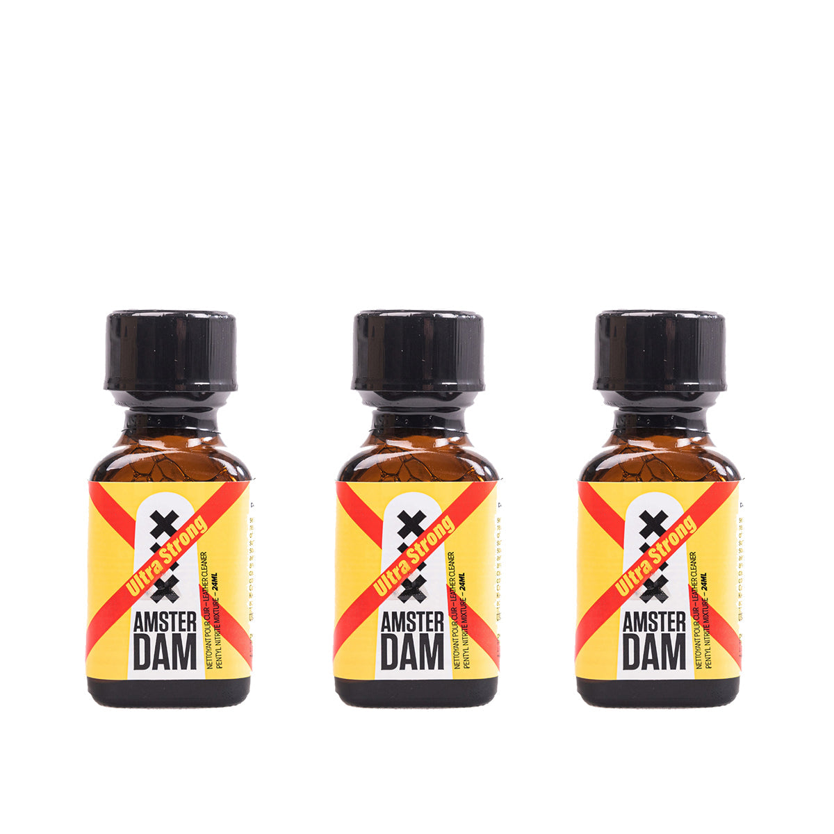 A bottle of Amsterdam Poppers XXX Ultra Strong