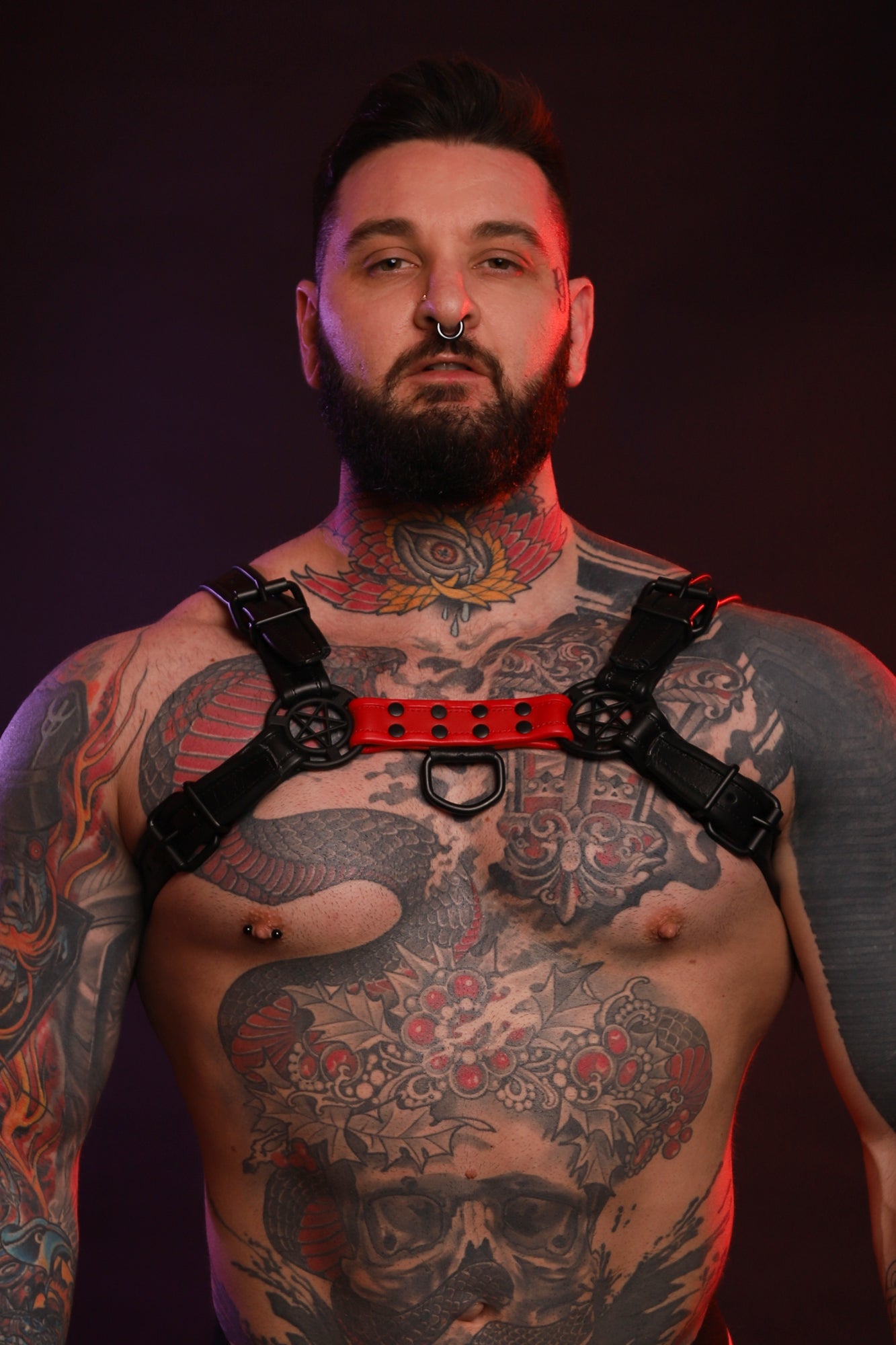 A close up of a red Beast Harness.
