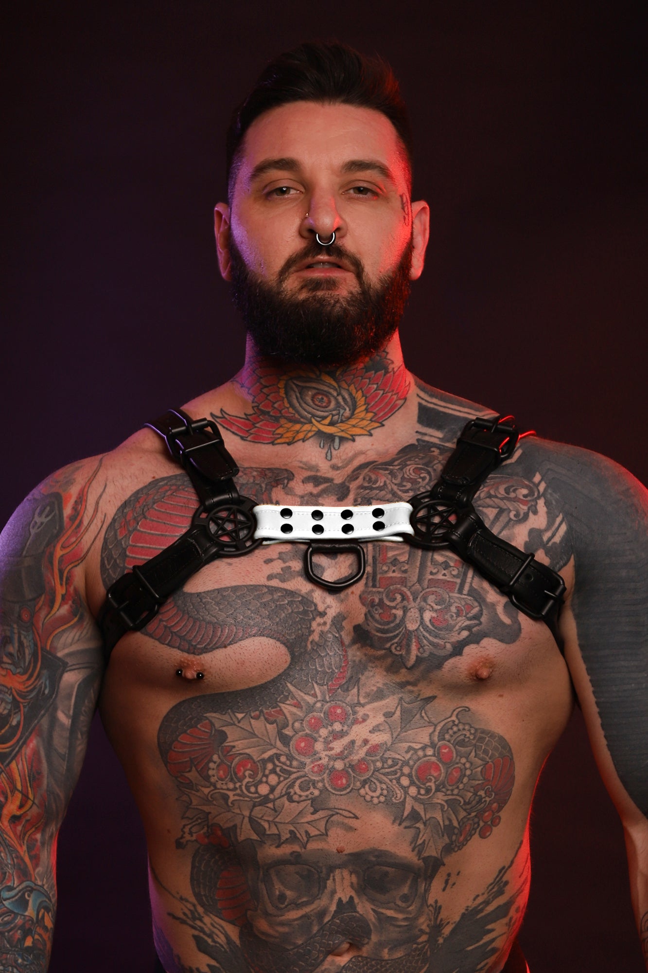 A frontal close up photo of a Beast Harness in white.