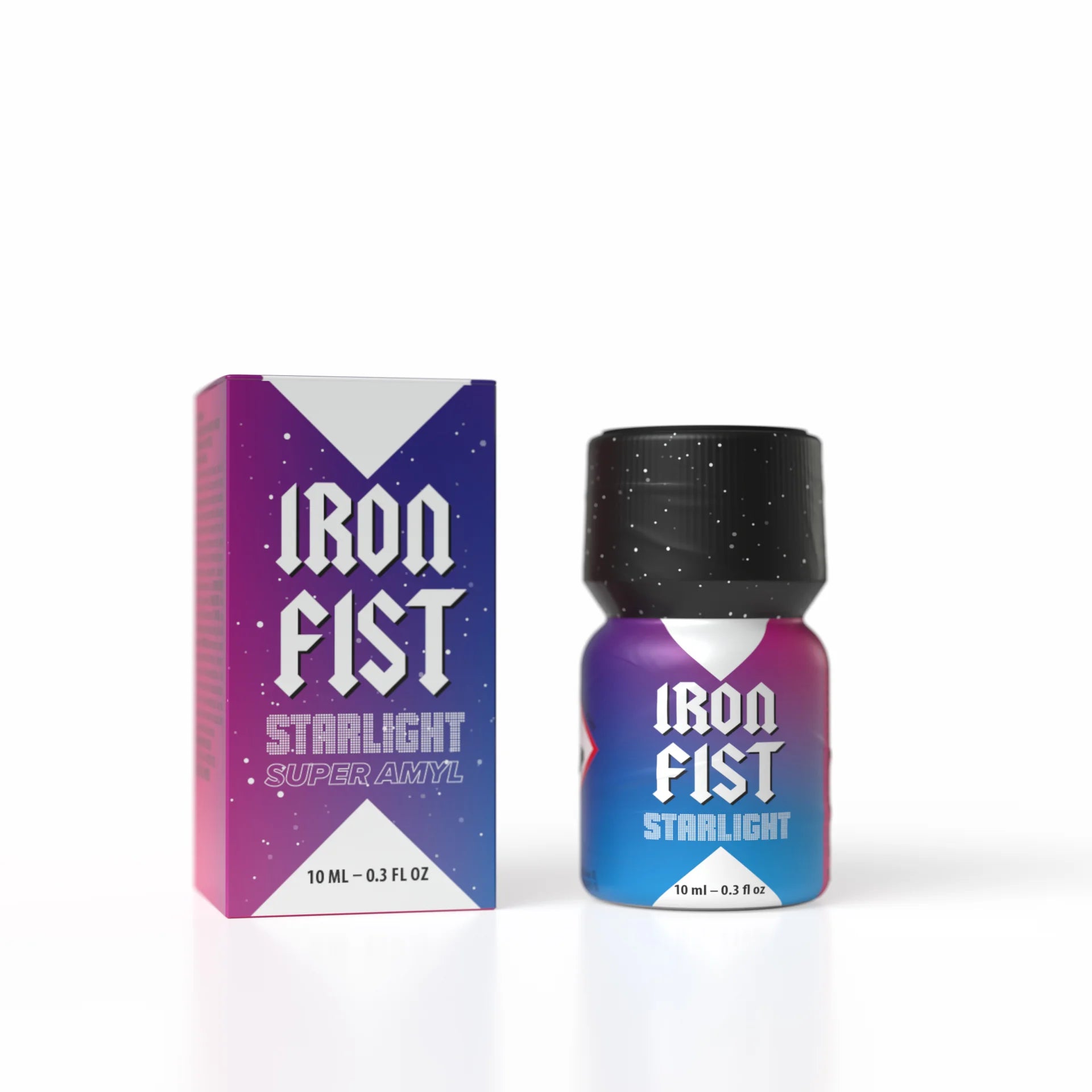 A product photo of a 10ml bottle of Iron Fist Starlight poppers made with Amyl Nitrite.
