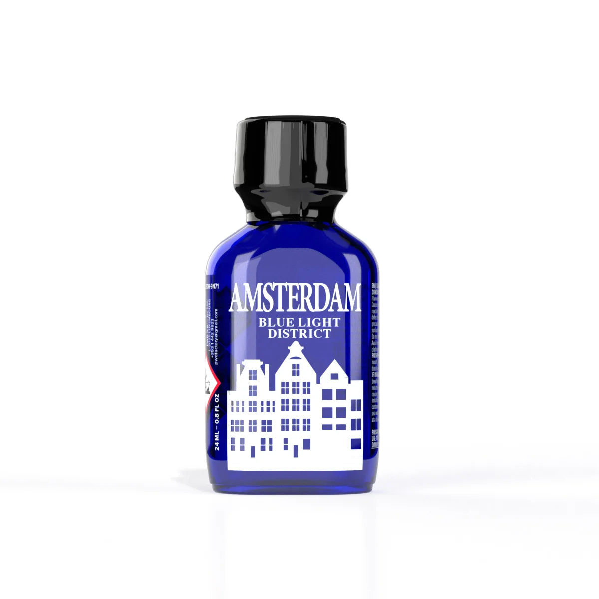 A product image of a 24ml bottle of Amsterdam Blue Light District poppers.