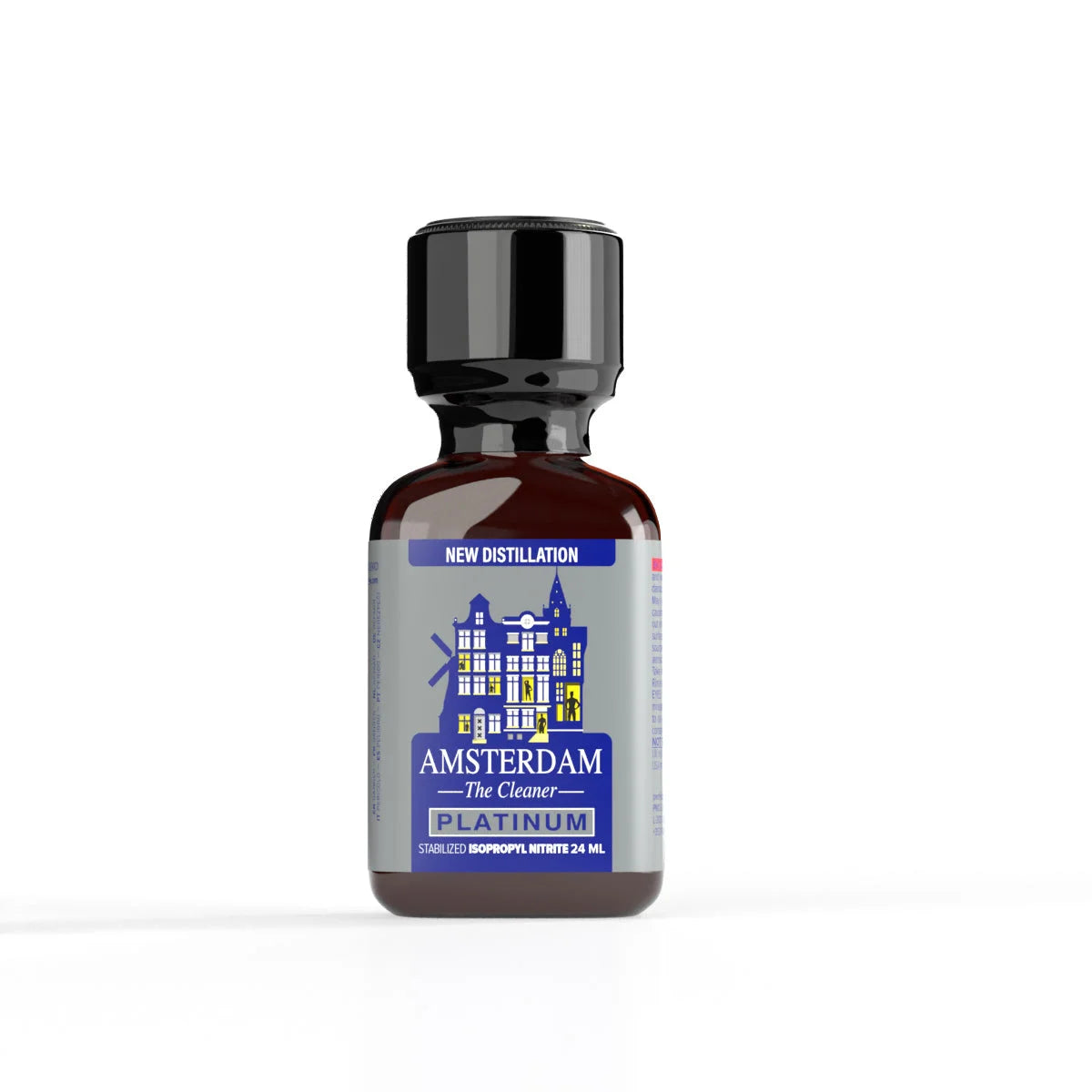 A product photo of a 24ml bottle of Amsterdam Platinum Poppers.