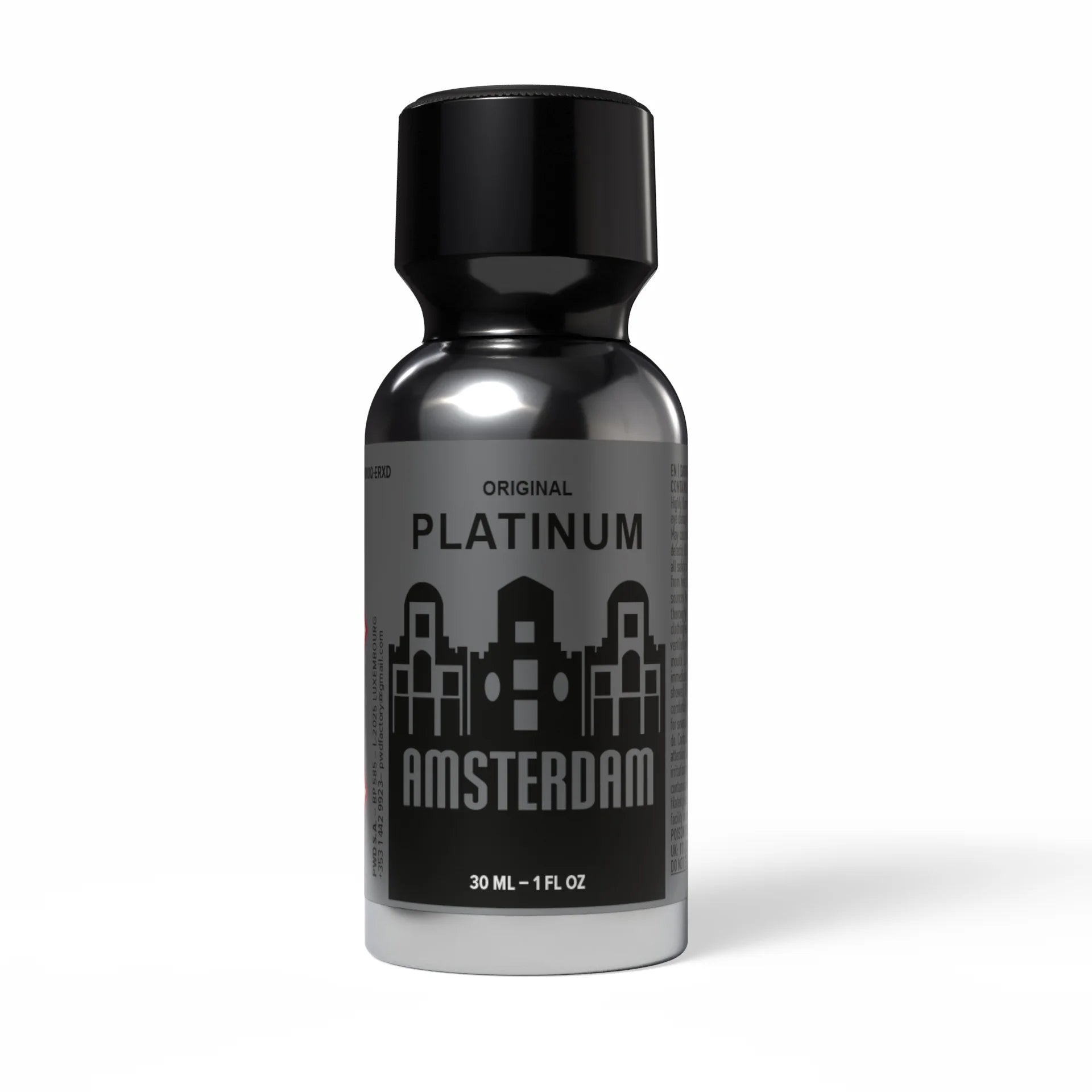 A product photo of Amsterdam Platinum Poppers in a 30ml bottle.