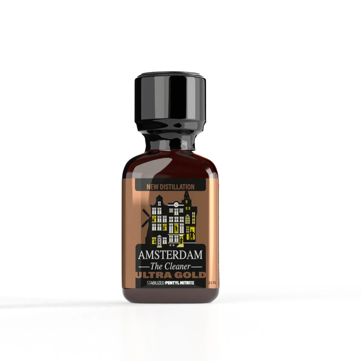 A product photo of a bottle of Amsterdam Ultra Gold poppers. 
