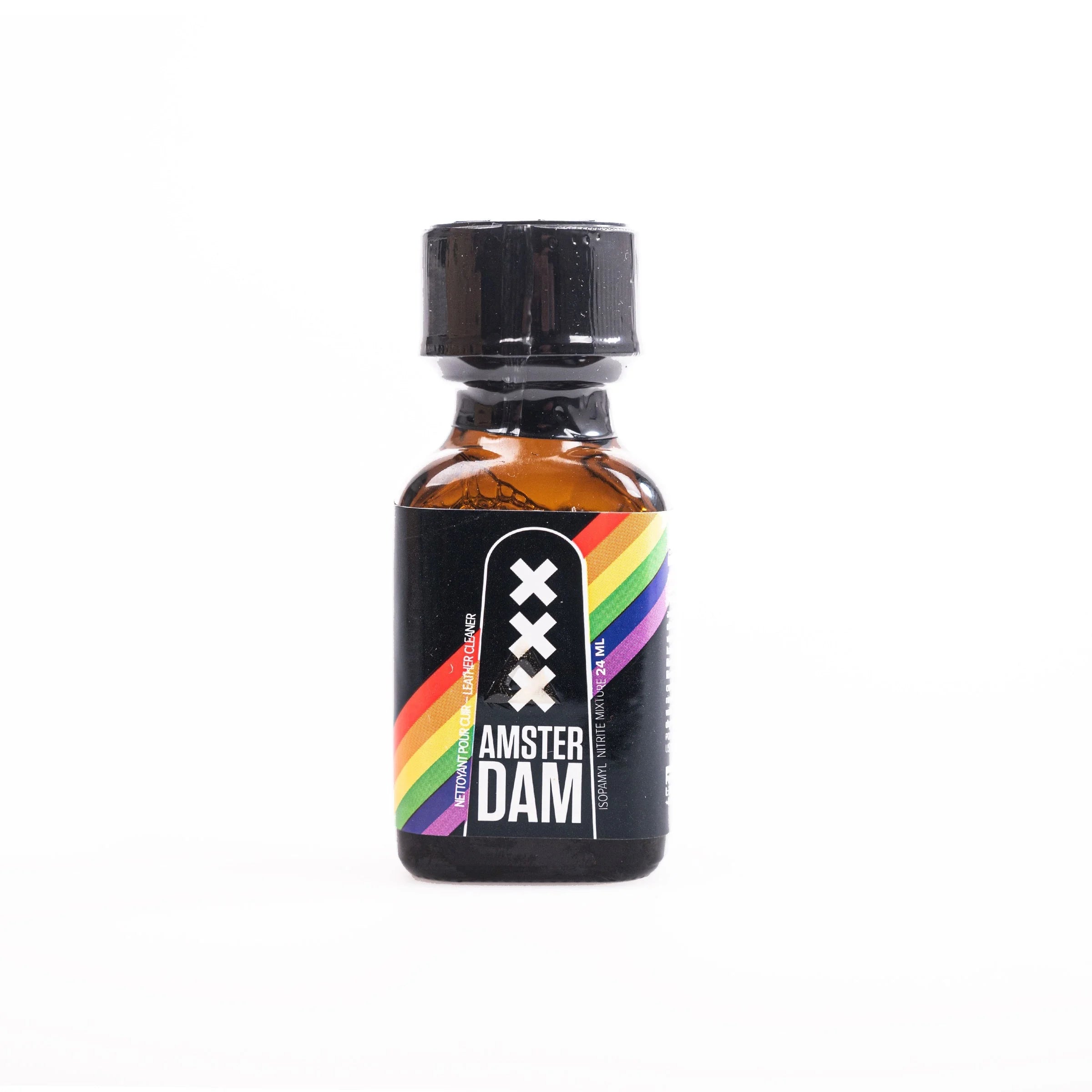 A product photo of a 24ml bottle of Amsterdam XXX Pride Poppers.