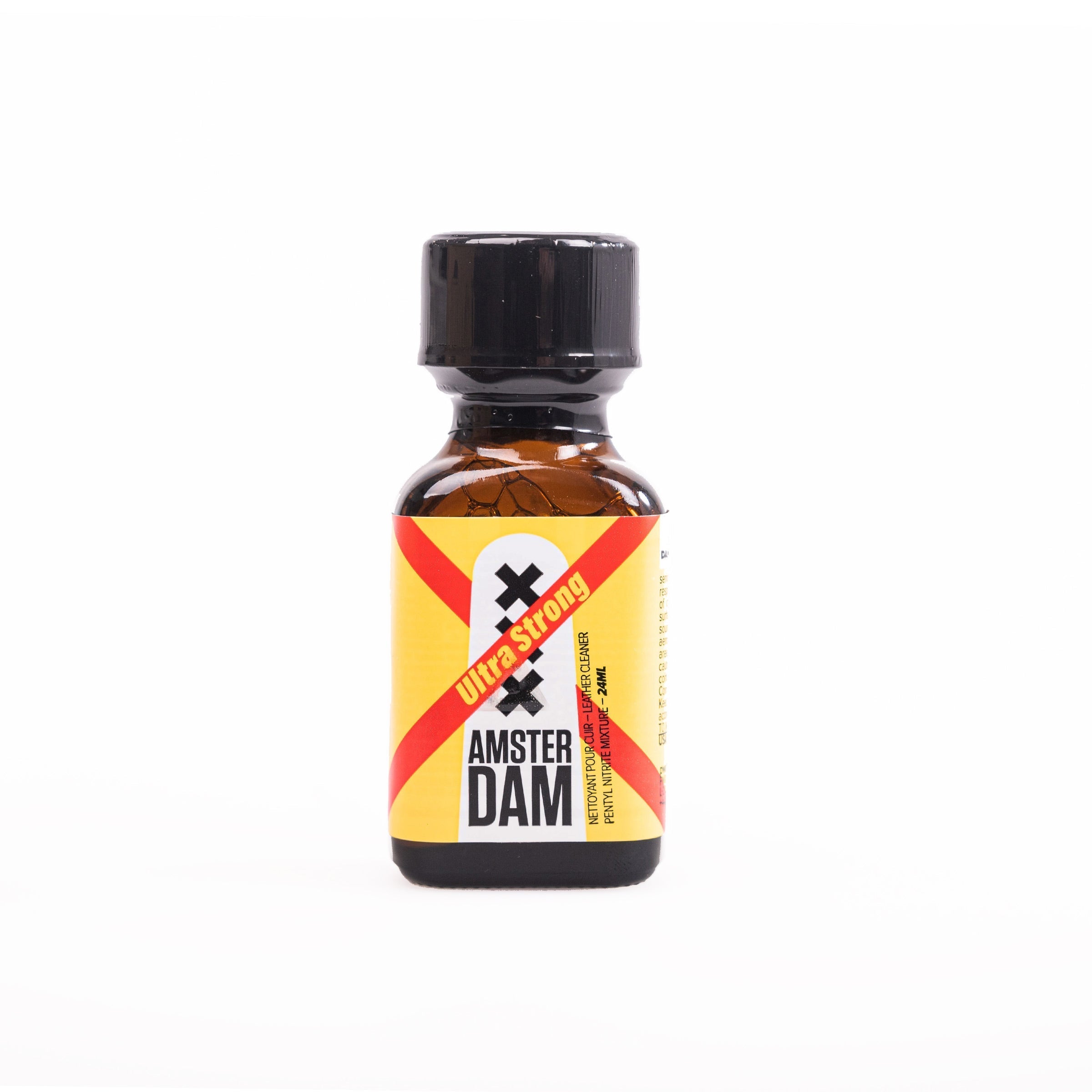 A product photograph of a bottle of Amsterdam XXX Ultra Strong Pentyl Nitrite poppers.