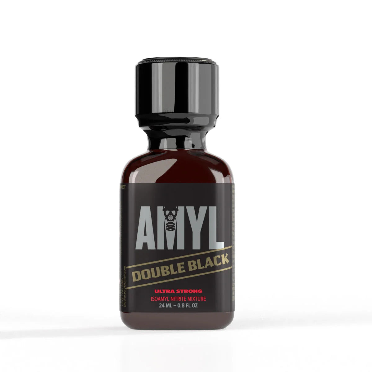 A product photo of a bottle of Amyl Double Black poppers.