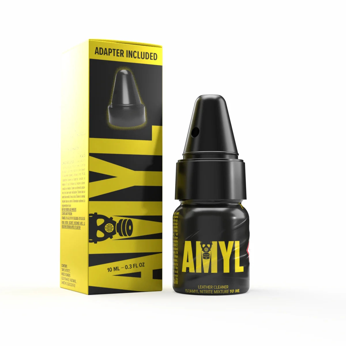 A product photo of a 10ml bottle of Amyl poppers with an Adapter. 