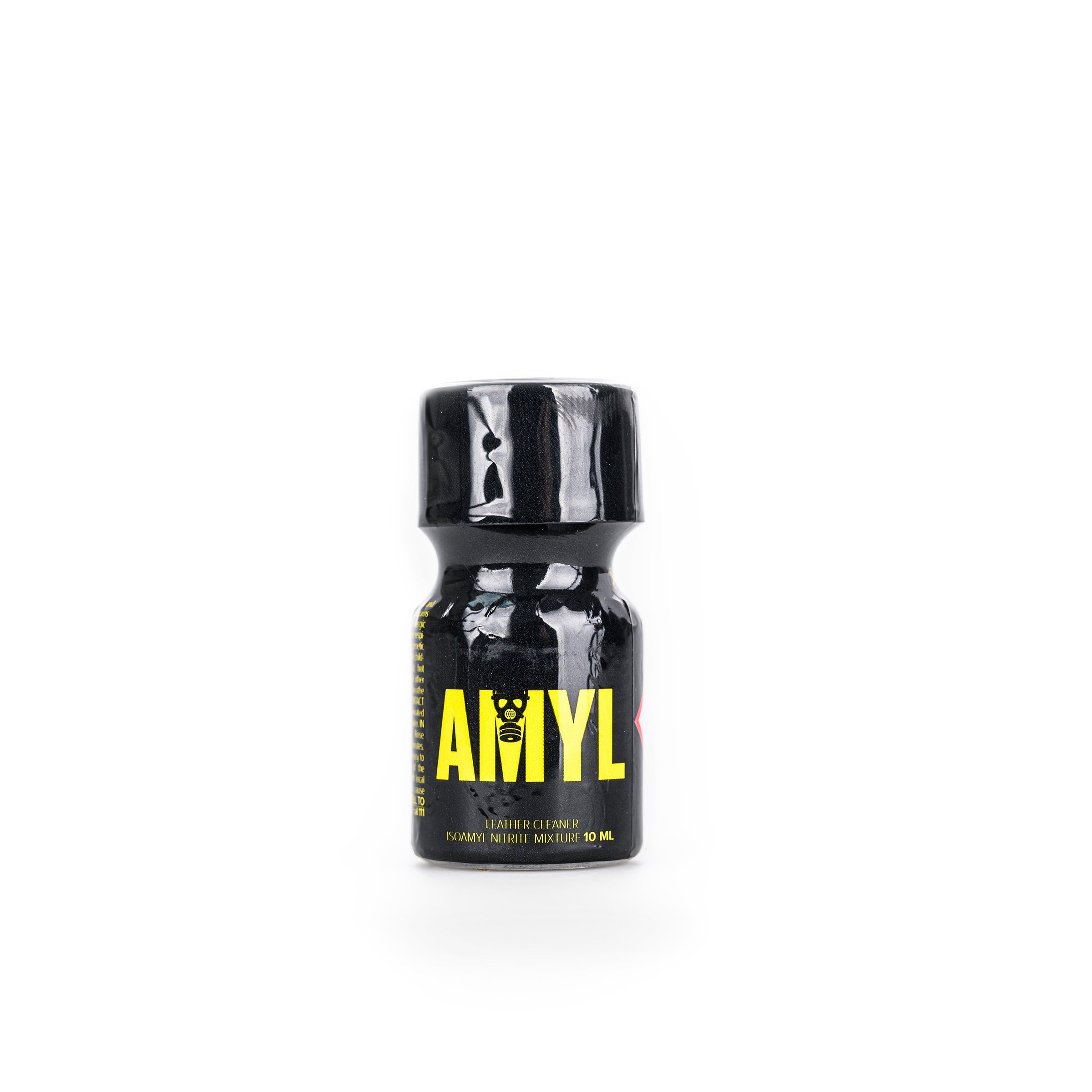 A product photo of a 10ml black bottle of Amyl brand poppers.