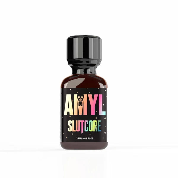 A bottle of AMYL slutcore poppers, 24ml.