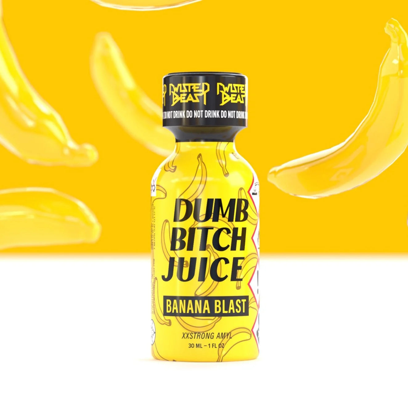 A product photo of a 30ml bottle of Dumb Bitch Juice Banana Blast Poppers. 