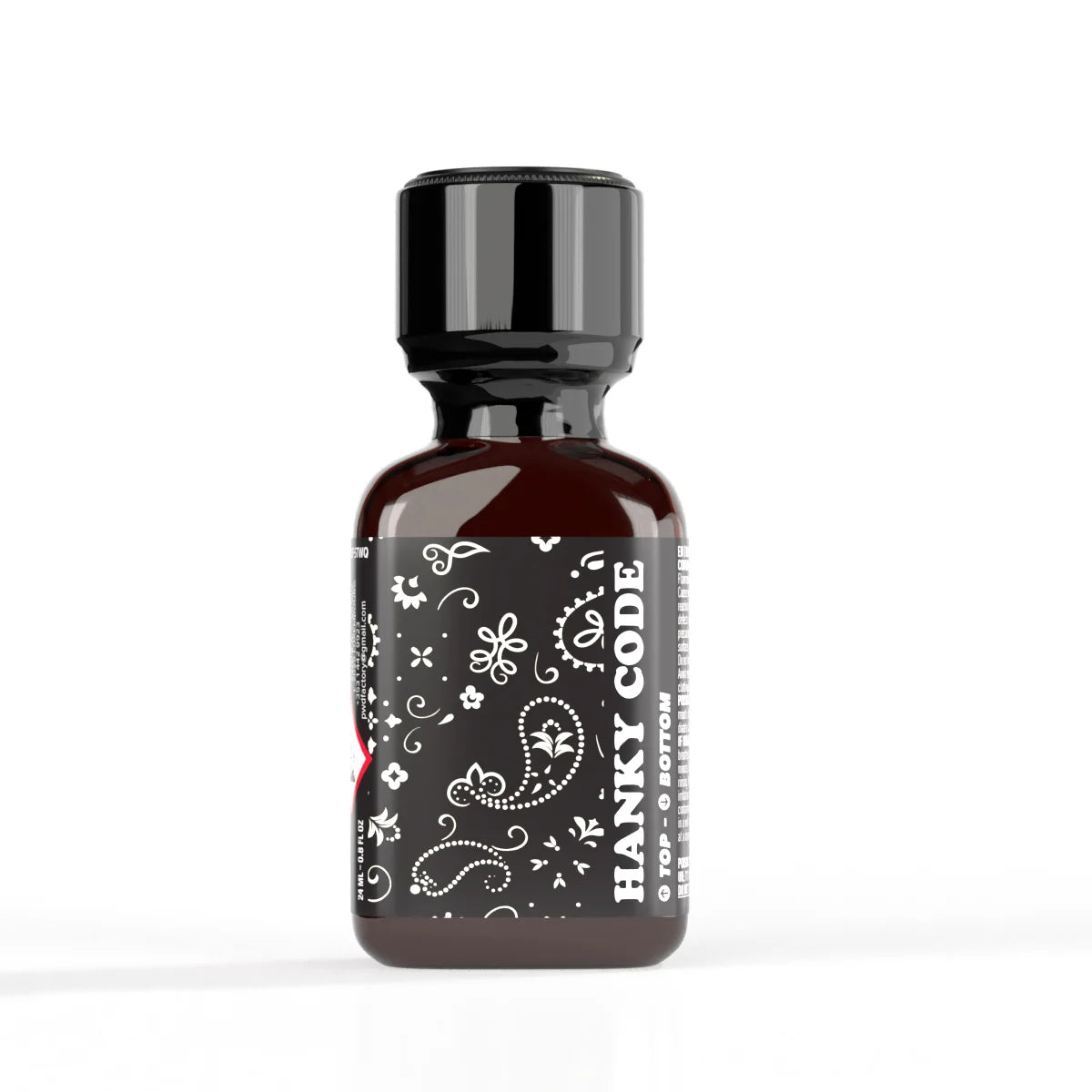 A product photo of a 24ml bottle of Hanky Code Black Poppers.