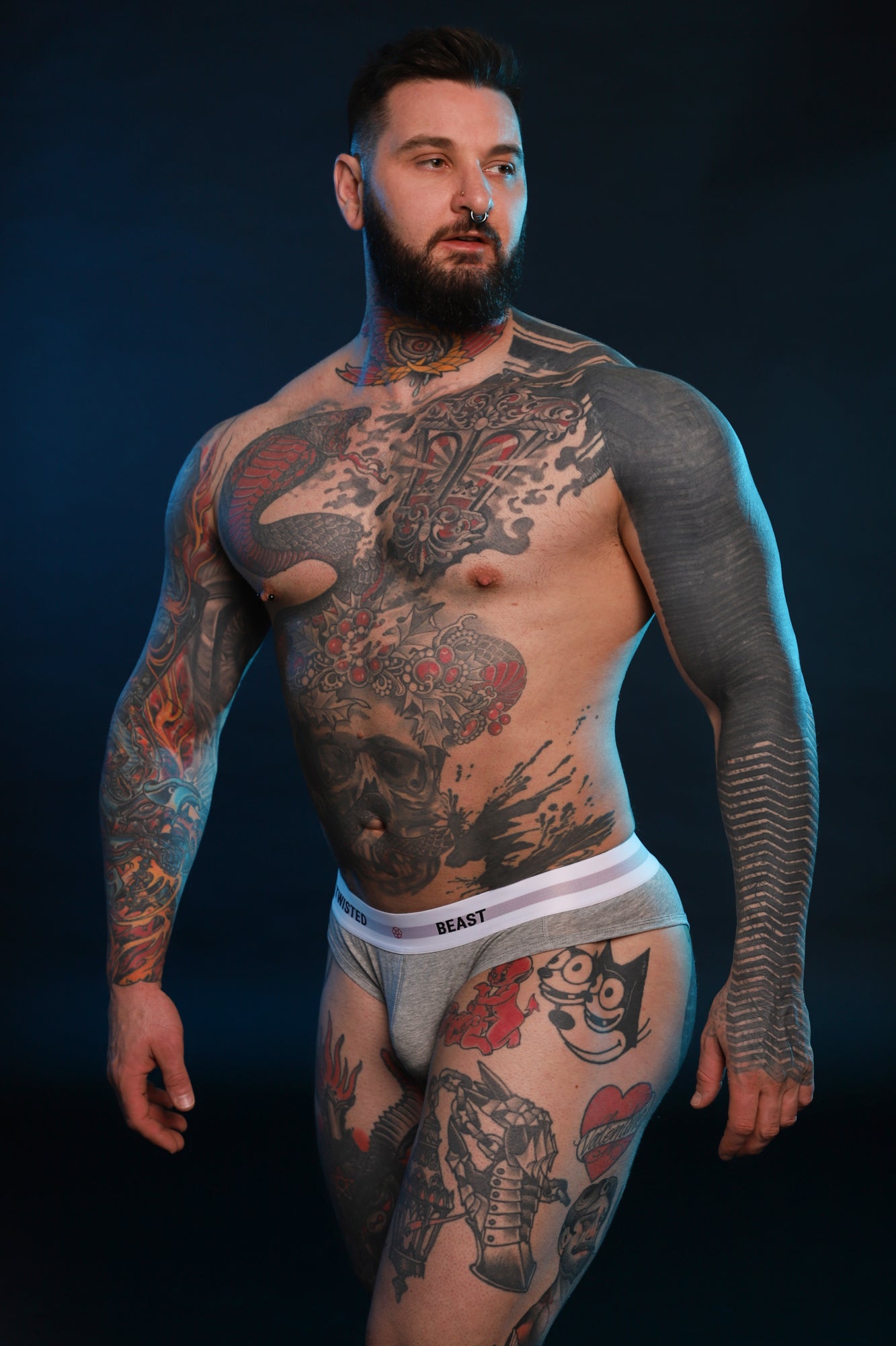 A model for Twisted Beast wearing Insignia Brief's in Grey.