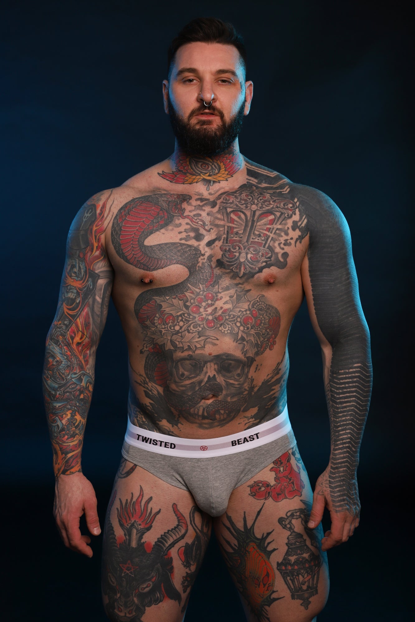 A model from Twisted Beast showing the Insignia Brief's in grey from the front.