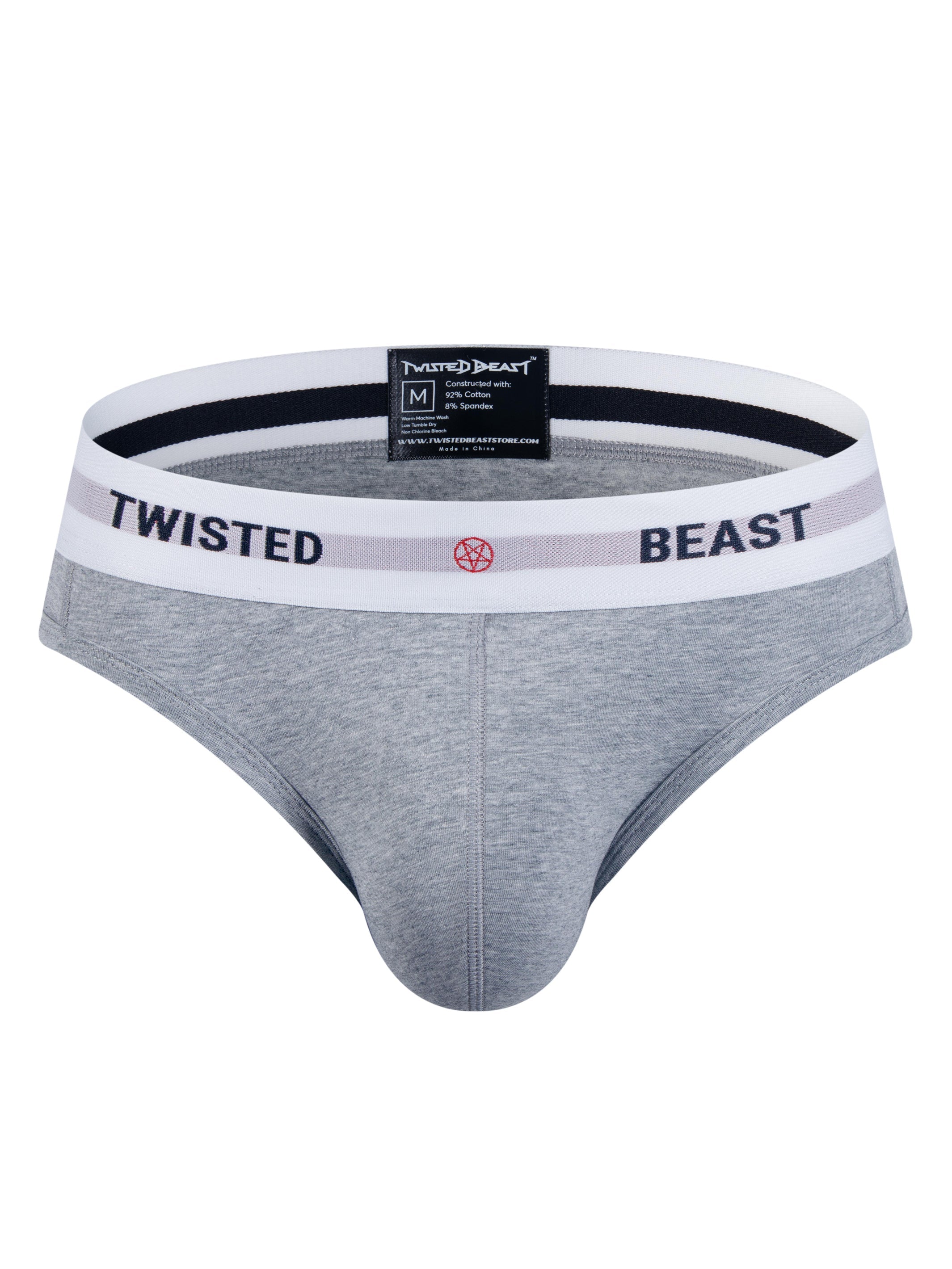 A pair of Insignia Brief's in grey by Twisted Beast from the front.