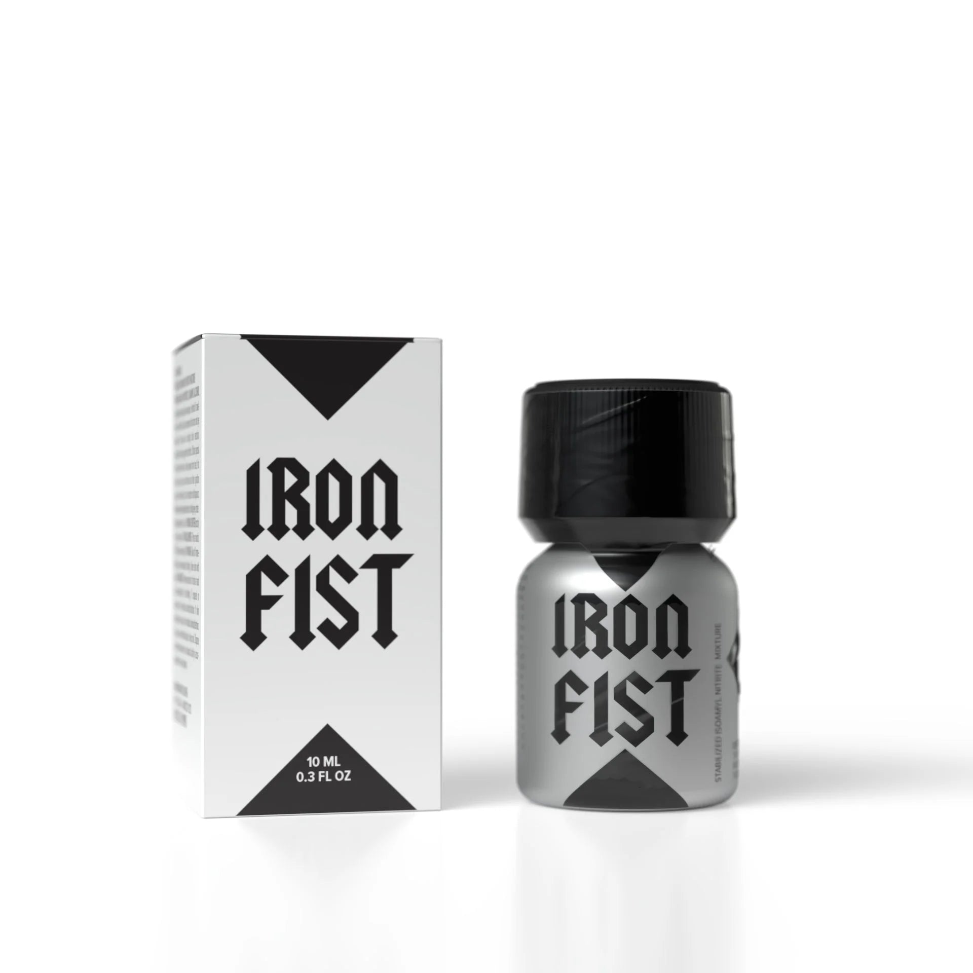 A product photo of a 10ml bottle of Iron Fist Poppers.