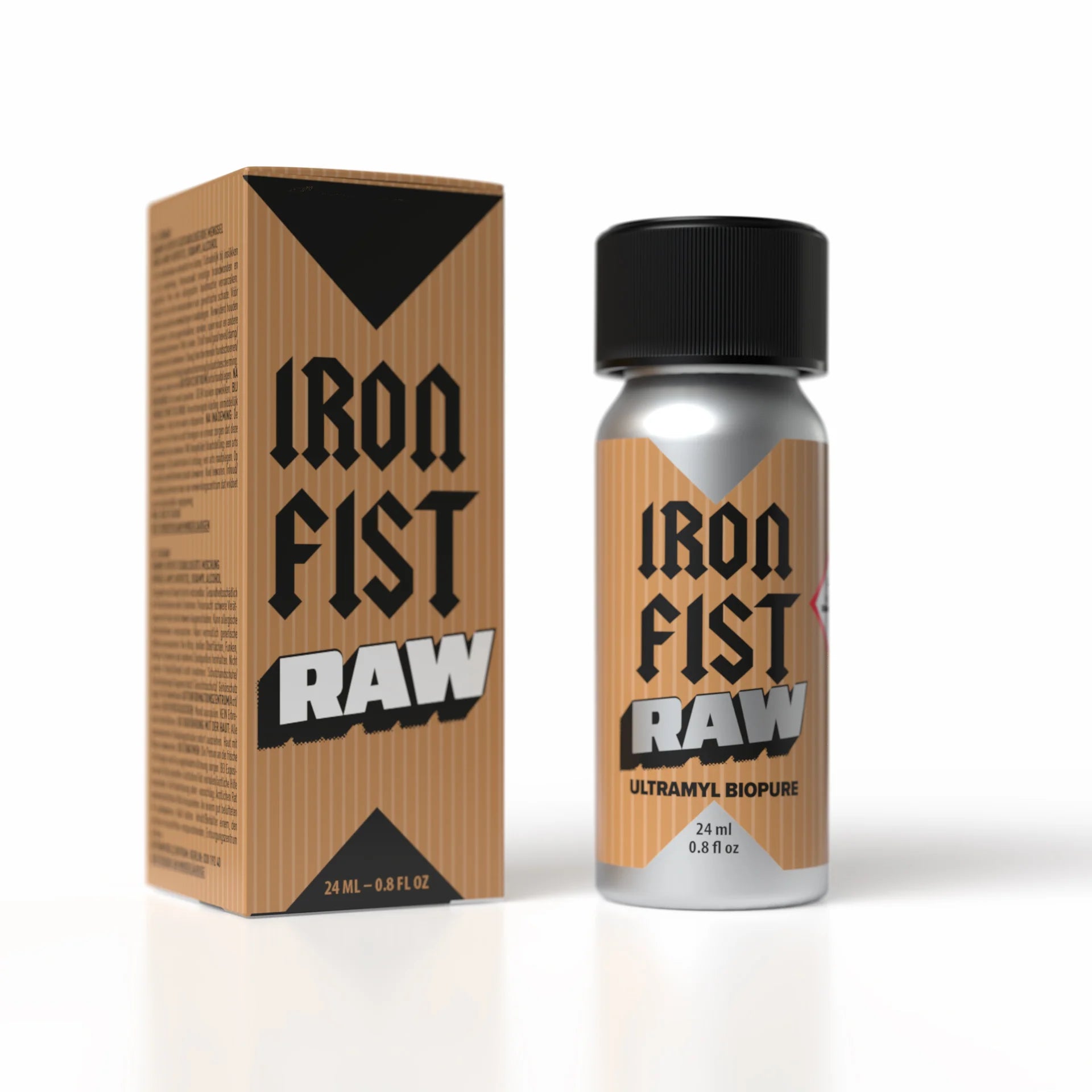 A product photo of a 24ml bottle of Iron Fist Raw poppers.