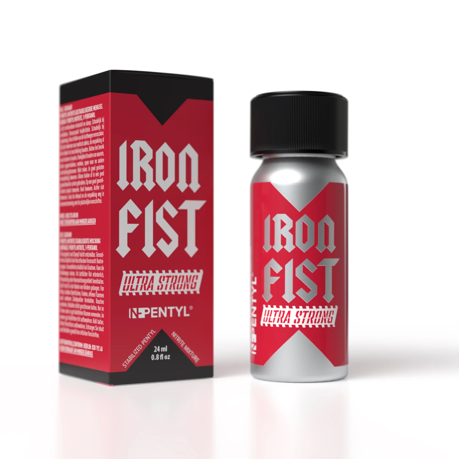 A product photo of a bottle of Iron Fist Ultra Strong Poppers 