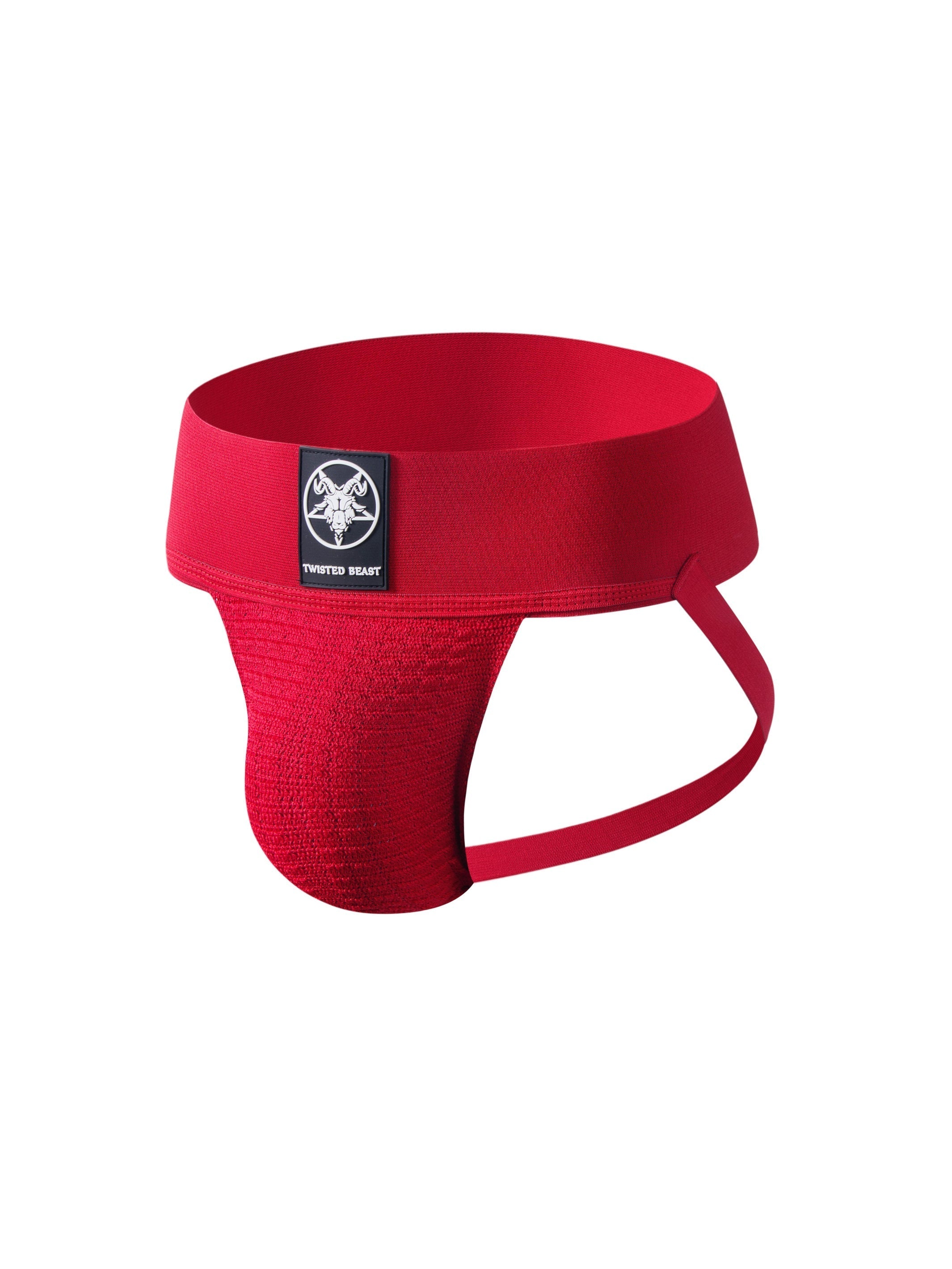 A product photo of a red mesh Locker Jock from the side.