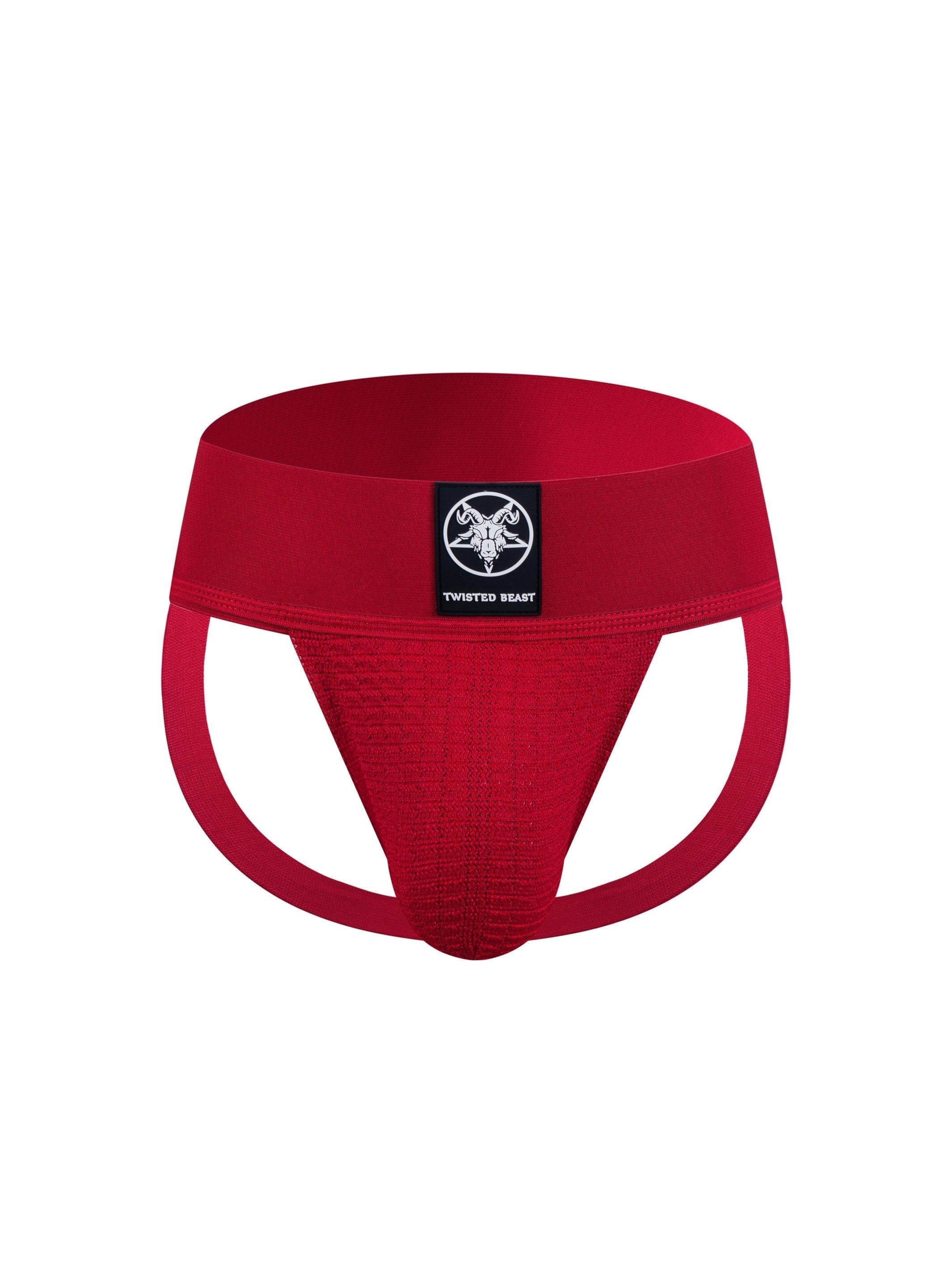 A photo of a red mesh Locker Jock from the front.