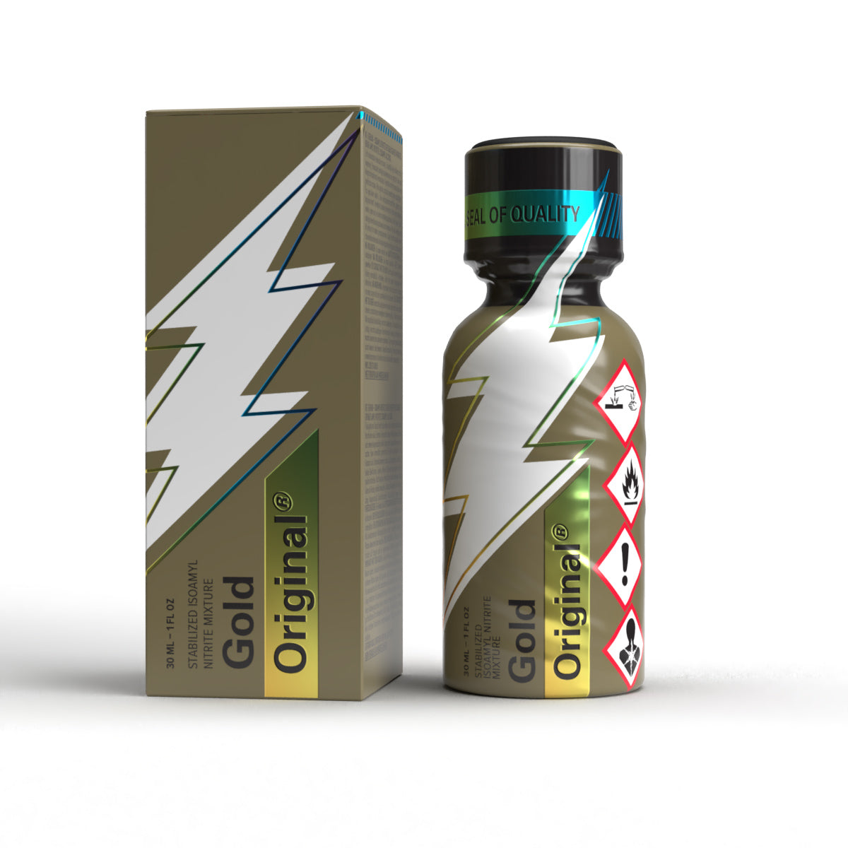 A product photo of a 30ml bottle of Original Gold poppers.