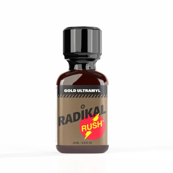A 24ml bottle of Radikal Rush Gold Ultramyl poppers.