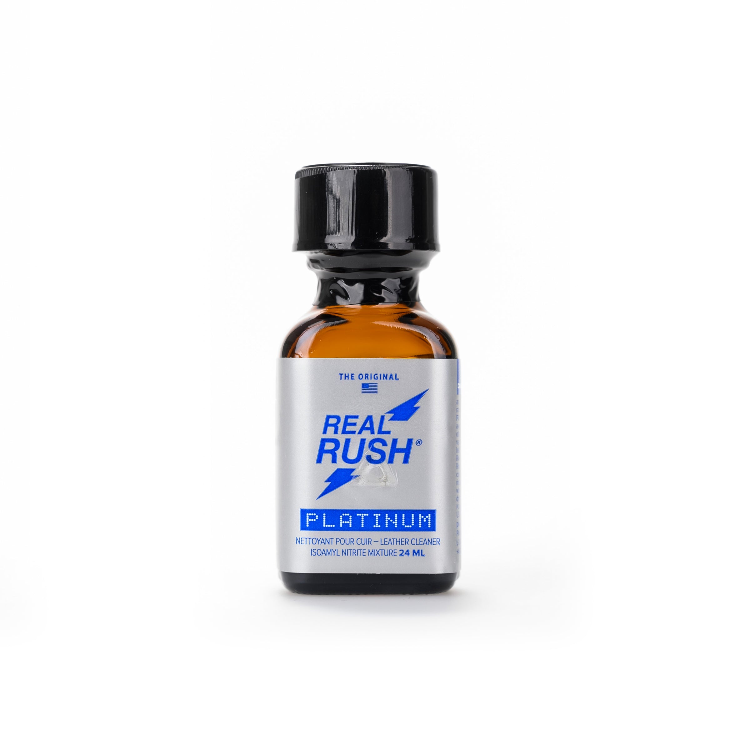 A product photo of Real Rush Platinum Poppers in a 24ml bottle.