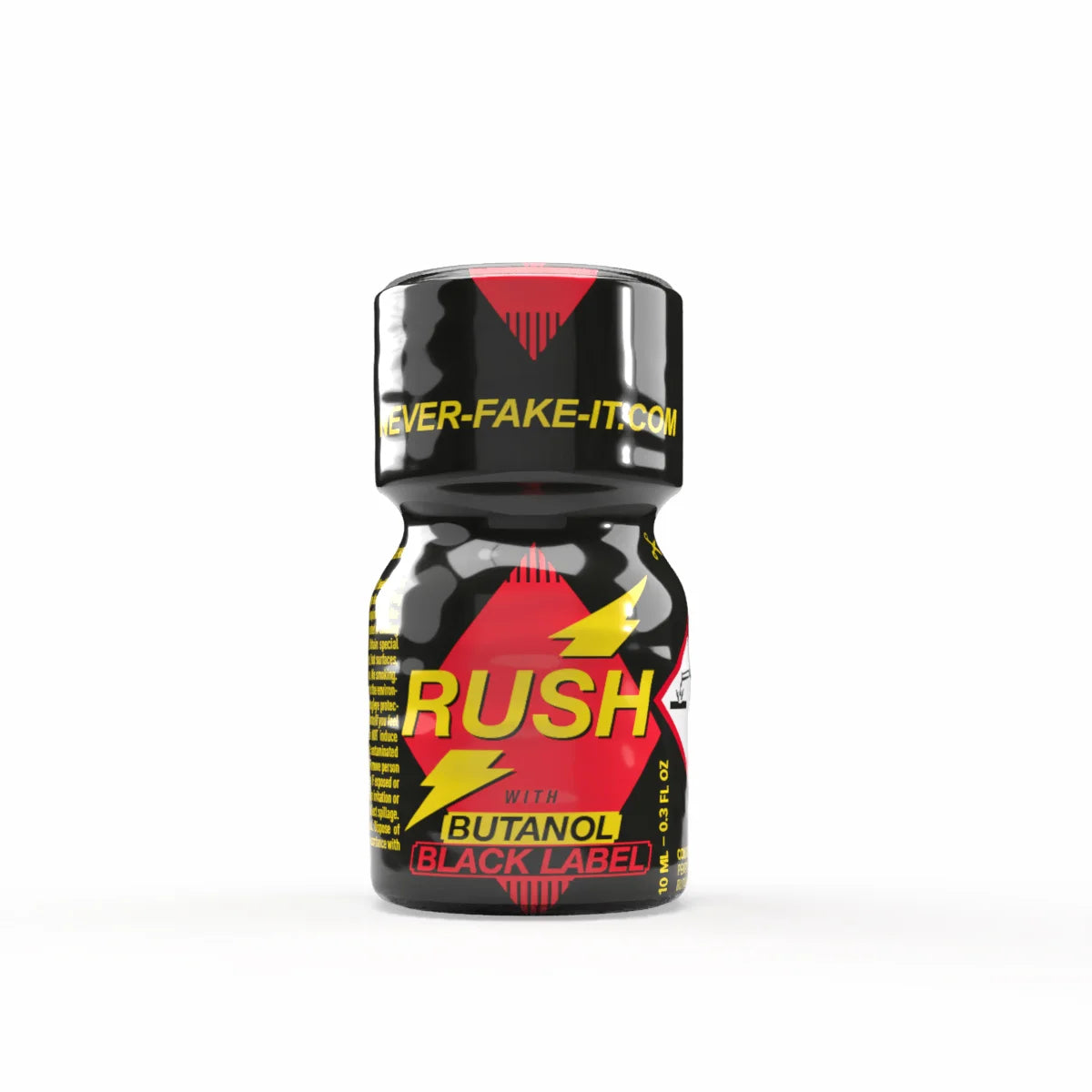 A 10 ml bottle of Rush Butanol Black Label poppers.