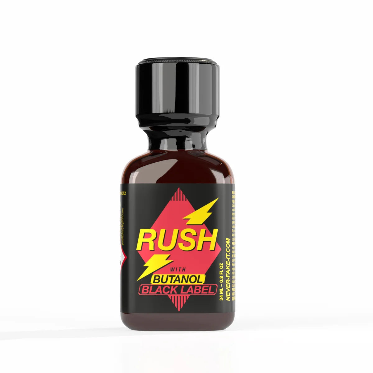 A product photo of a 24ml bottle of Rush Butanol Black label poppers.
