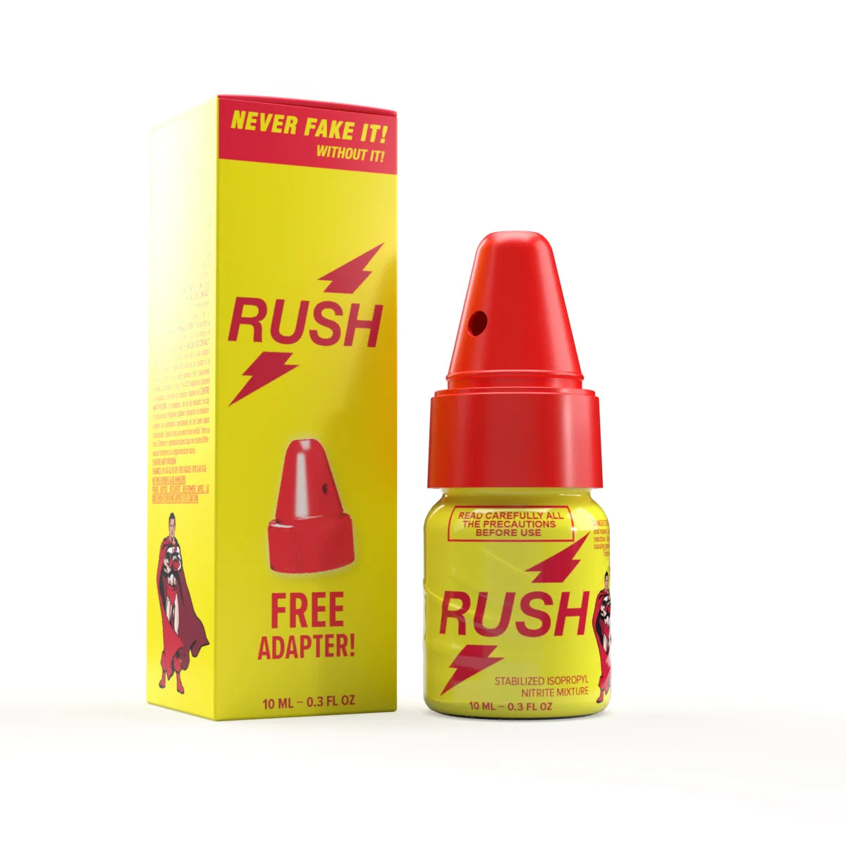 A product photo of a 10ml bottle of Rush Poppers with an Adapter.