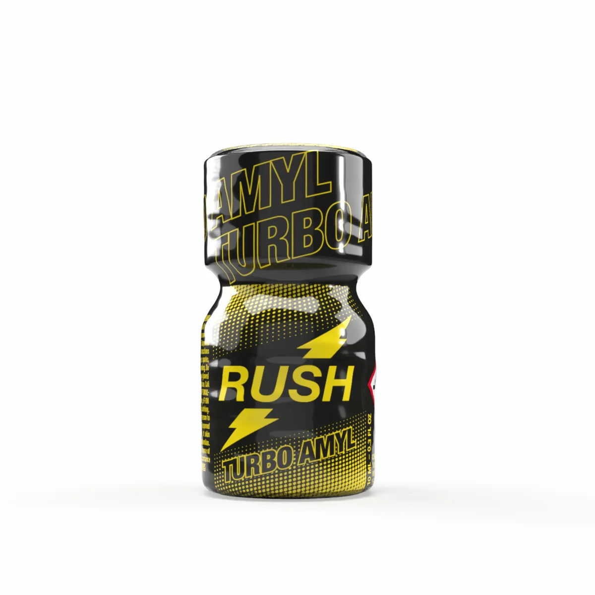 A product photo of a 10ml bottle of Rush Turbo Amyl Poppers.