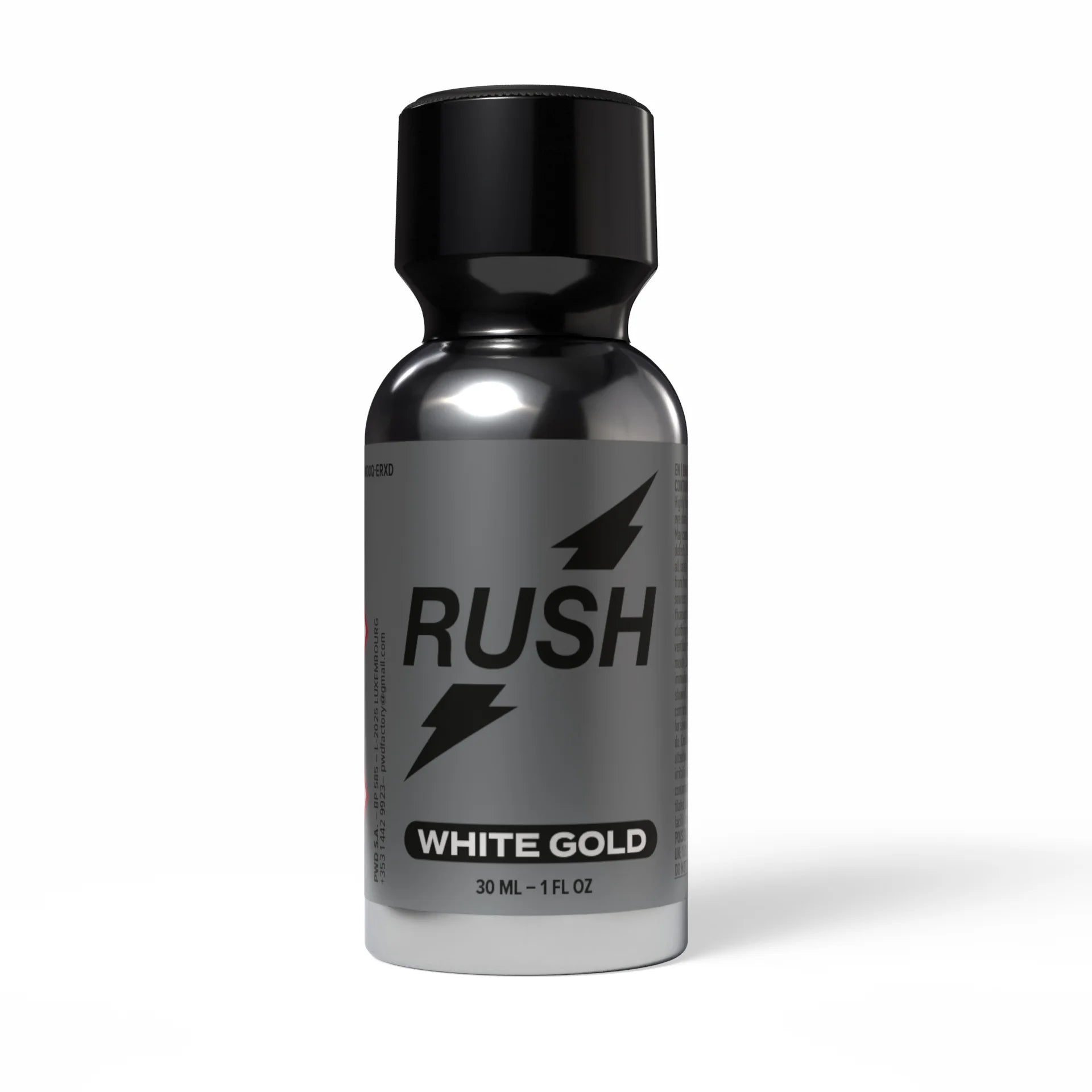 A product photo of a 30ml bottle of Rush White Gold Poppers.