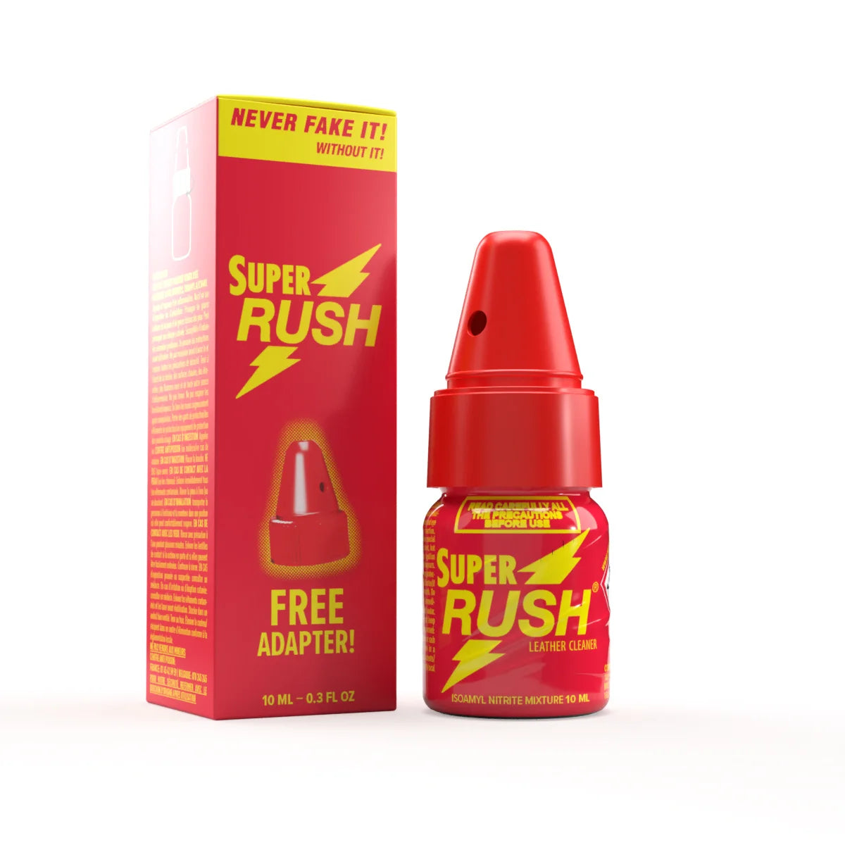 A product photo of a 10ml bottle of Super Rush poppers with an Adapter.