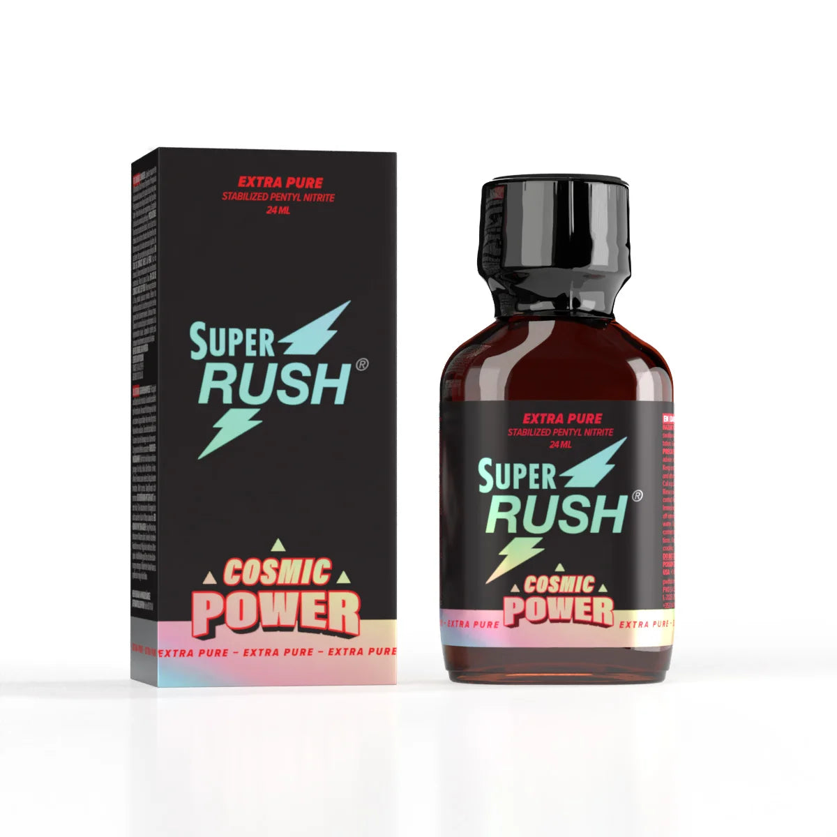 A product photo of a 24ml bottle of Super Rush Black Cosmic Poppers.