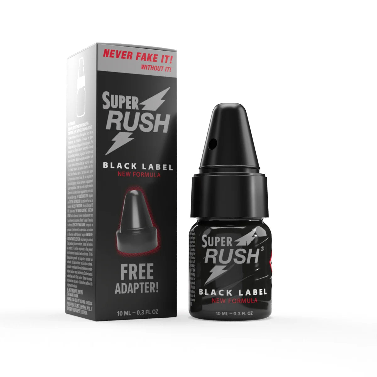 A product photo of a 10ml bottle of Super Rush Black Poppers with an Adapter.