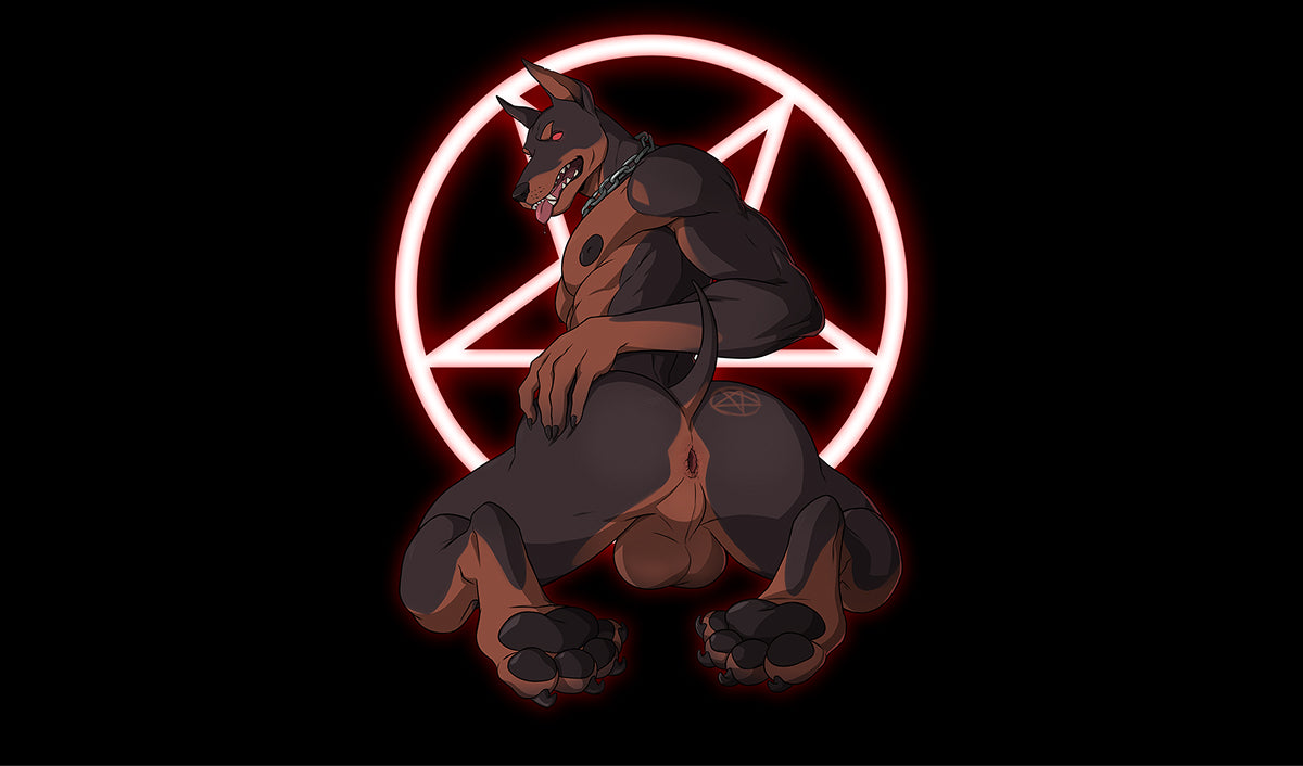 Twisted Beast dog mascot with a pentagram behind it.
