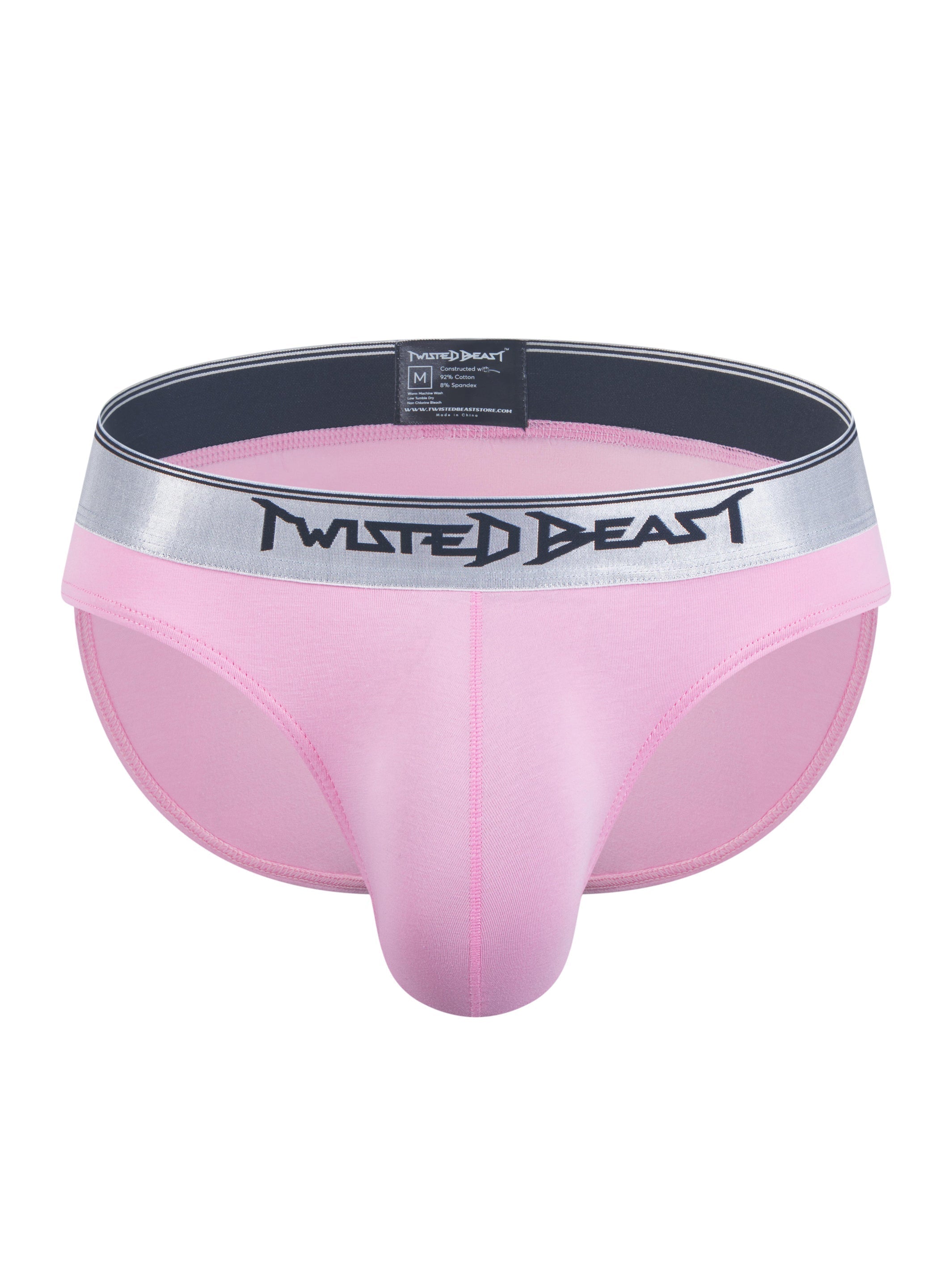 A frontal photo of a pair of pink Y2K Briefs by Twisted Beast.