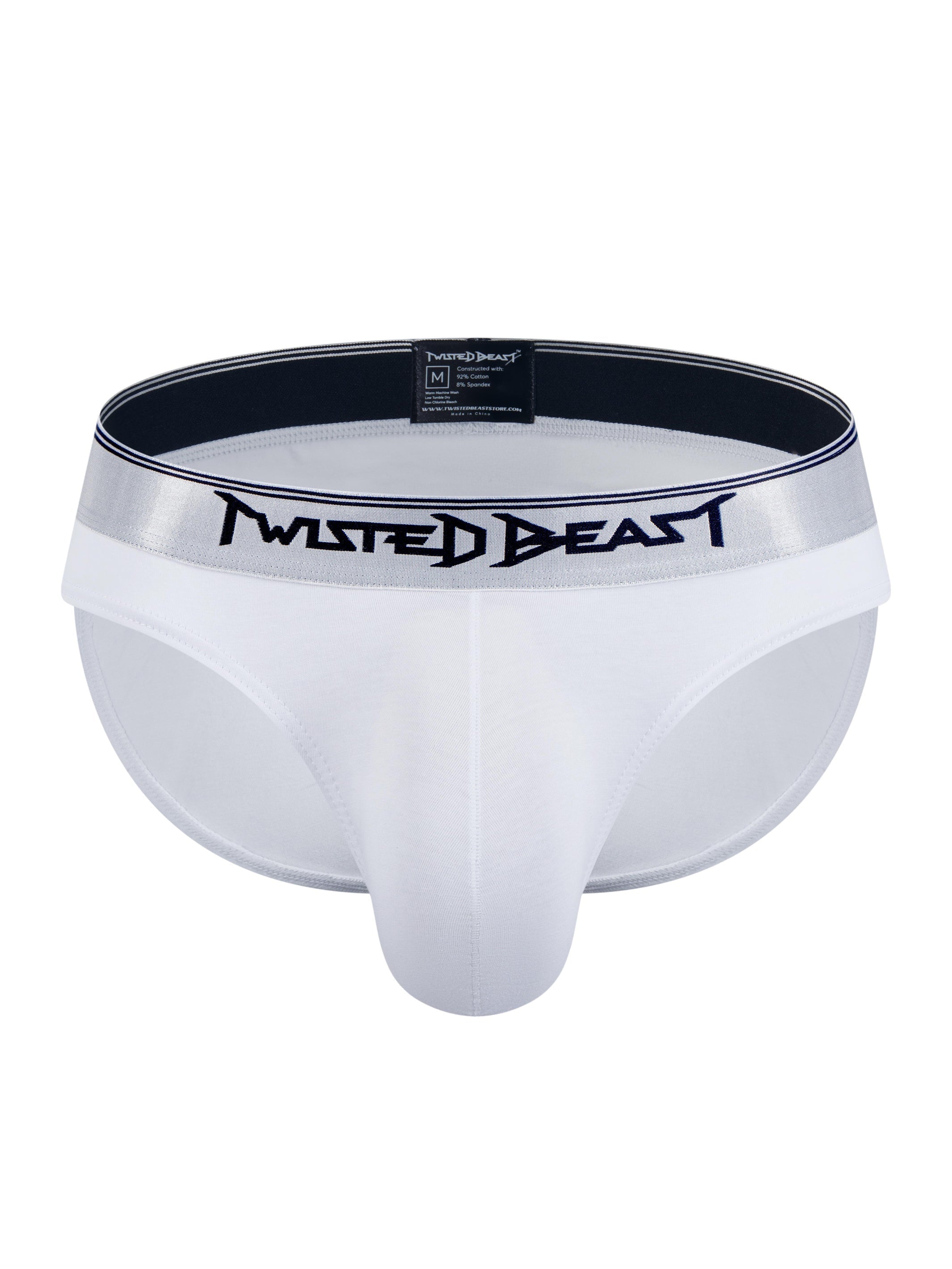 A frontal product photo of a pair of Twisted Beast Y2K Brief's in White.