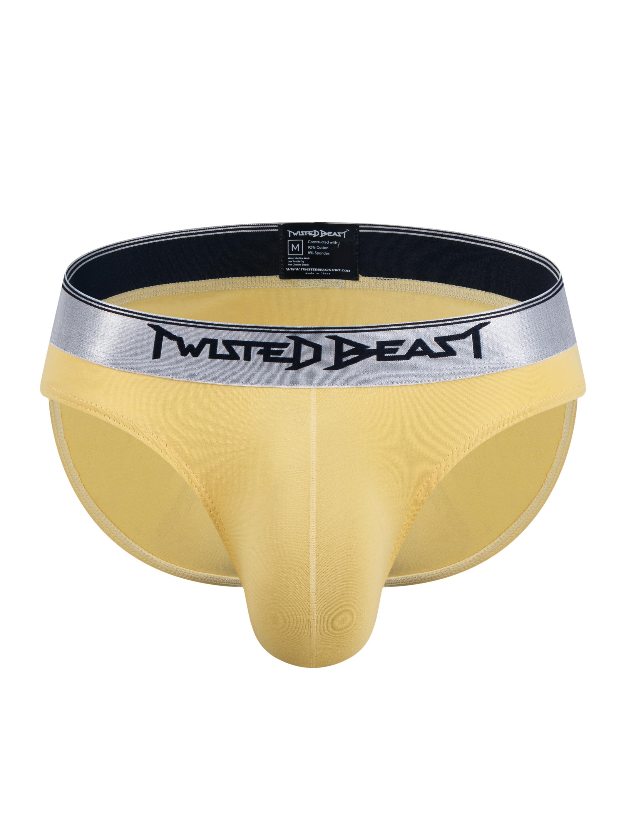 A frontal product photo of a pair of yellow Y2K Briefs.
