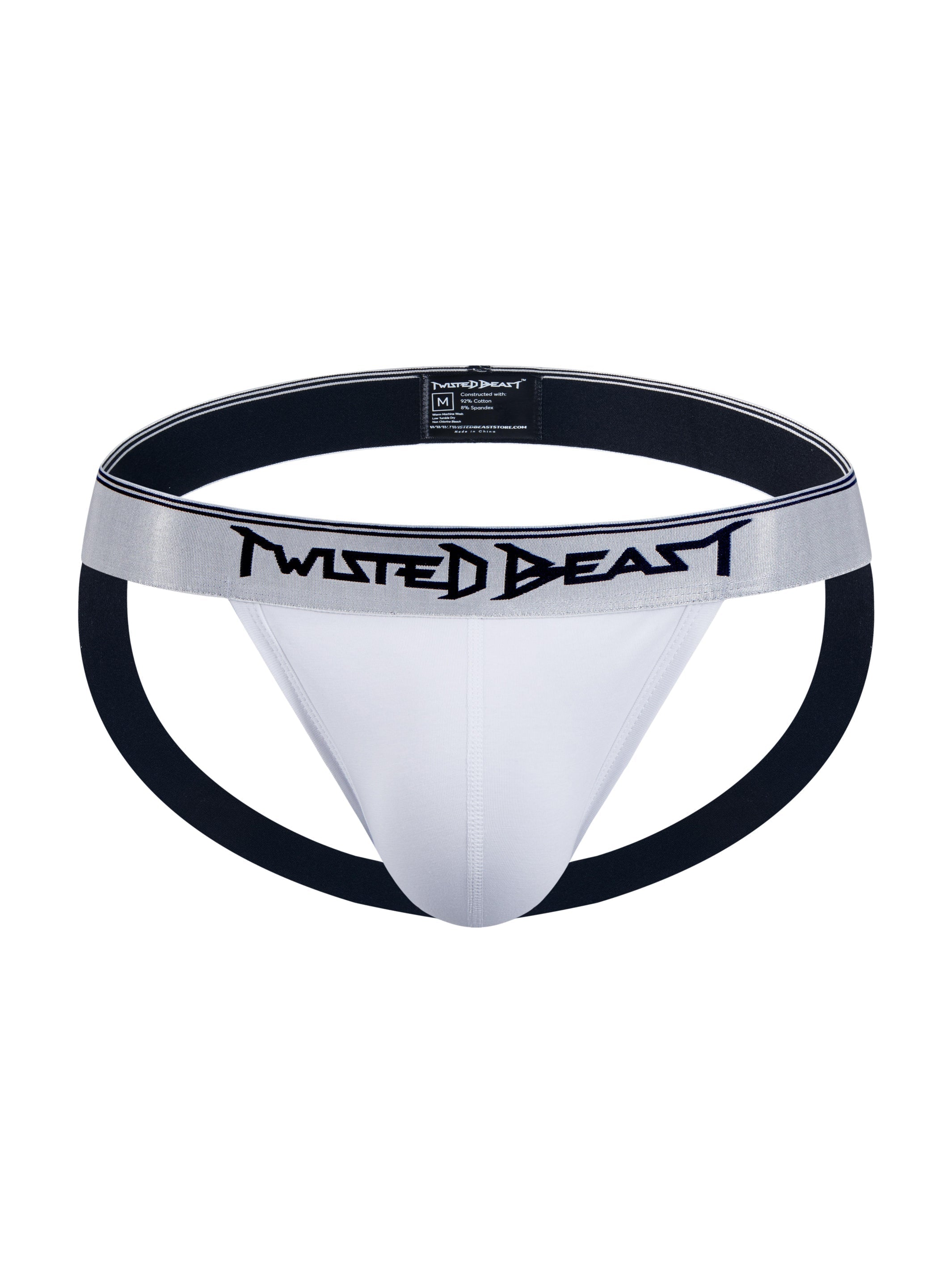 A front facing product photo of a white Y2K Jock showing the Twisted Beast logo.